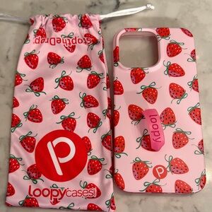 Loopy Case:🍓Berries & Bows with pink loop. Fits iPhone 16 Pro Max (6.9" screen).
